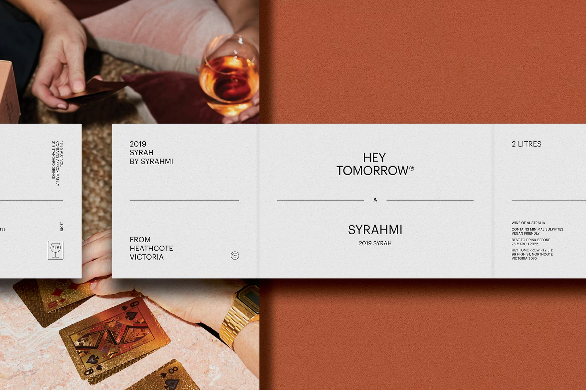 Minimalist wine packaging label design for Hey Tomorrow brand with clean typography against a rust-coloured background.
