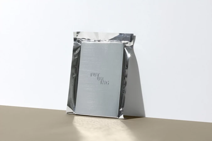 Shiny foil package featuring a silver card with the text 'Futuring' inside, photographed in a studio with neutral background and hard light.