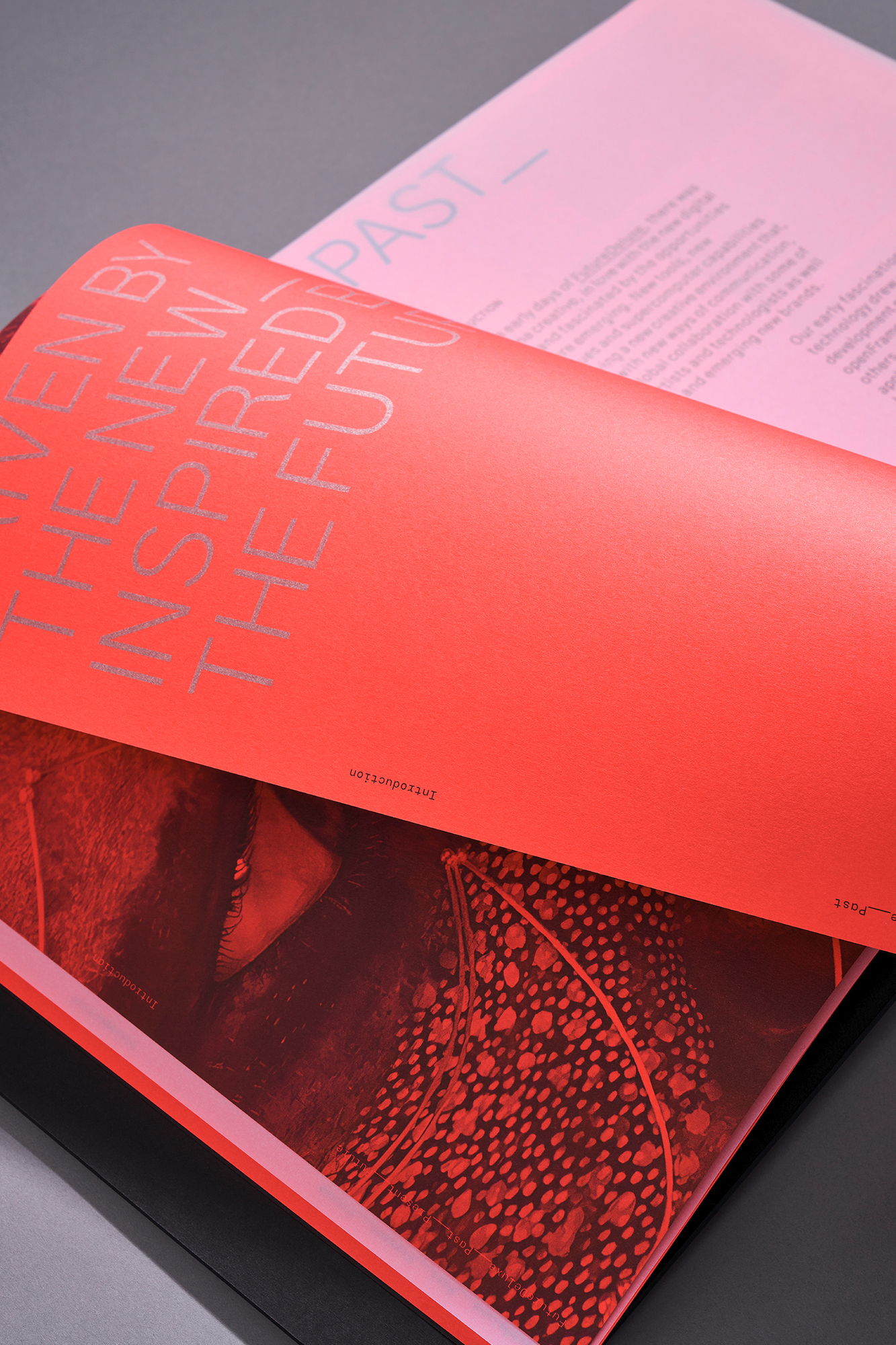 Opened book with vibrant pink and red pages showcasing typography and design elements, lying on a dark surface, emphasizing editorial artistry.