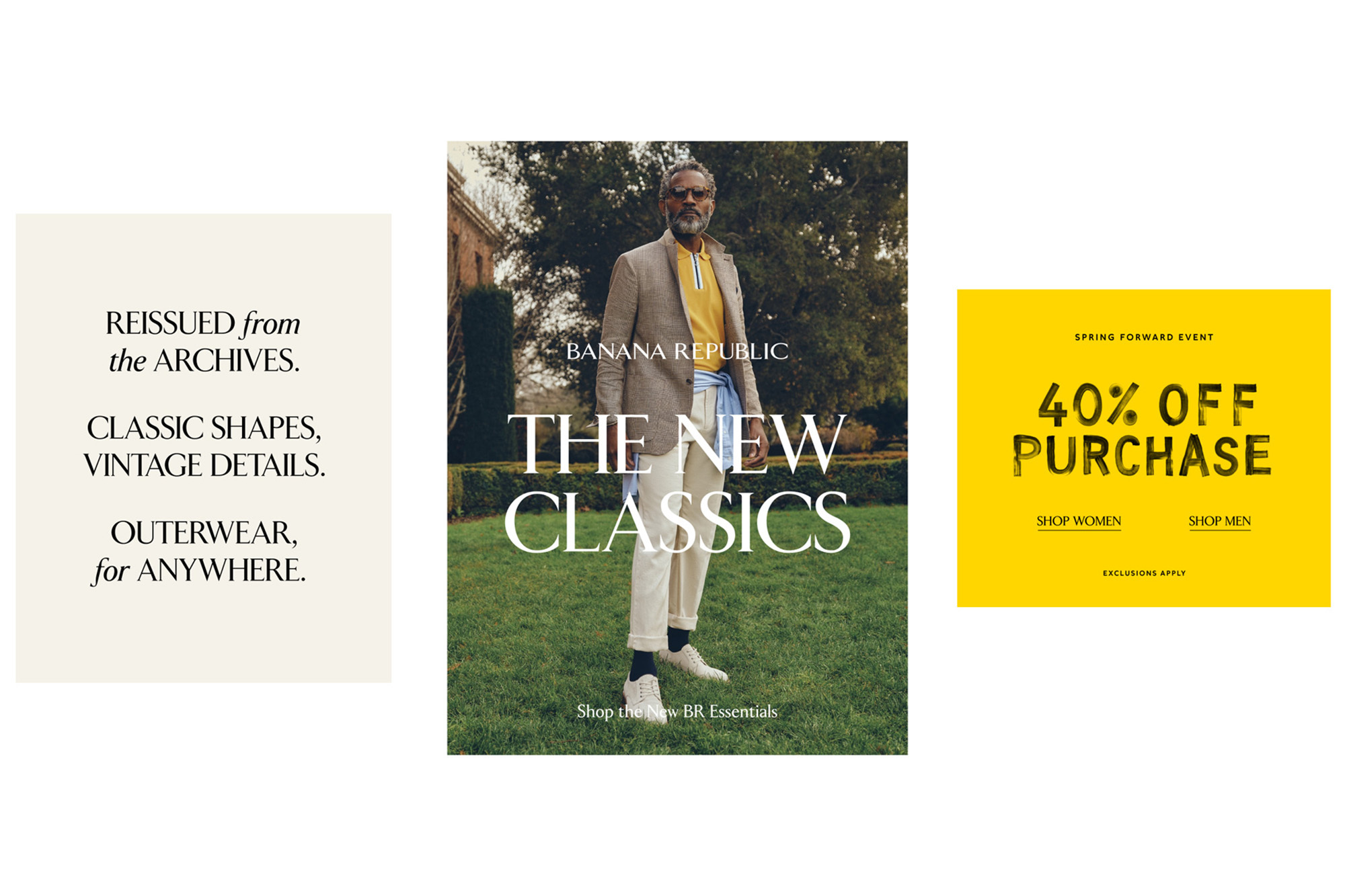 Banana Republic ad featuring a mature adult male model wearing a blazer, yellow polo shirt, and white pants in an outdoor setting.