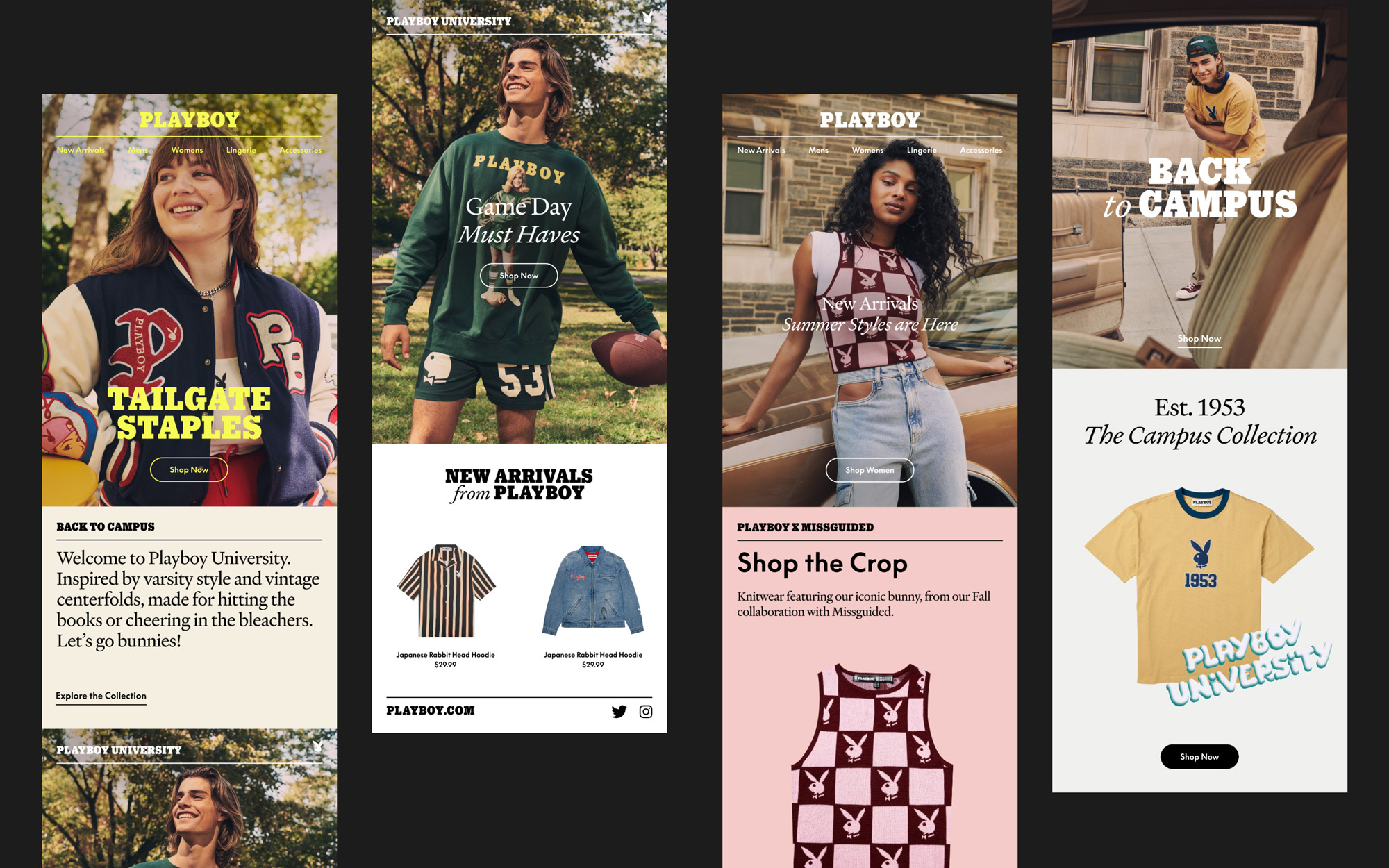 Playboy University ad featuring diverse models wearing varsity-style apparel. Garments include jackets, sweatshirts, t-shirts, and denim.