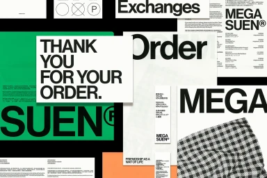 Collage of bold typography, packaging labels, and a black and white gingham fabric swatch on a dark ground.