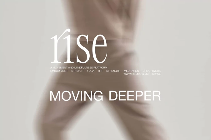Abstract movement and mindfulness platform ad with blurred figure, featuring text overlay including 'RISE' and fitness keywords.