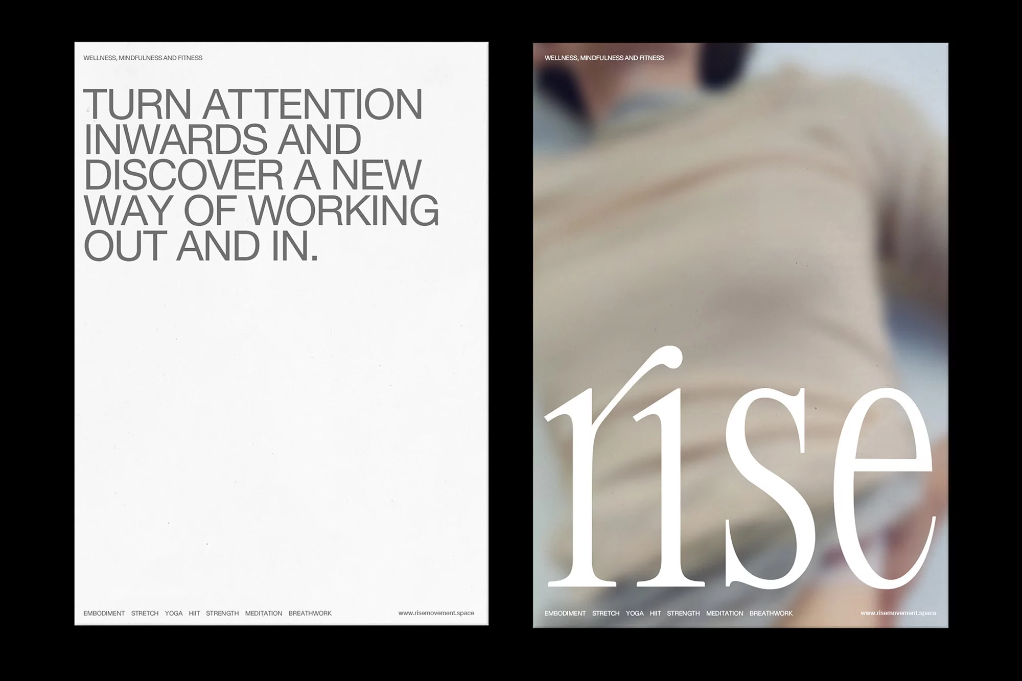 Minimalist poster set featuring text and a blurred figure promoting wellness, mindfulness, and fitness, designed in neutral, muted tones.