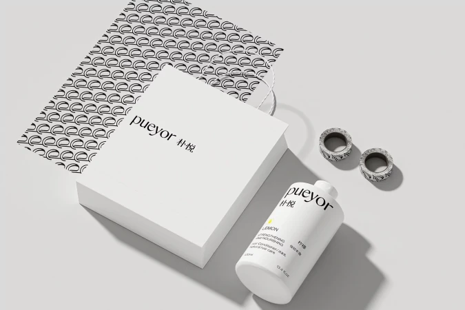 Pueyor lemon-scented strengthening and nourishing hair care set. White bottle and gift box displayed on a clean, well-lit surface.