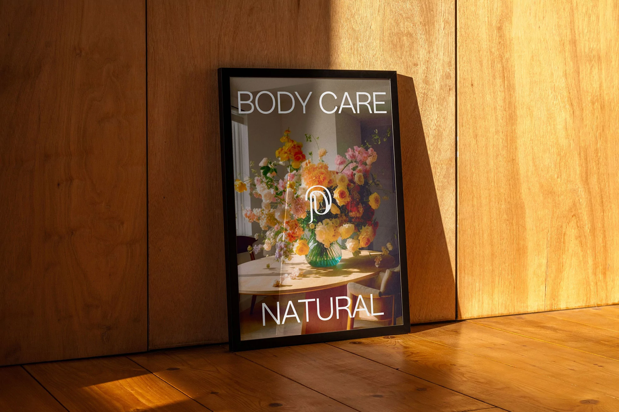Poster on the floor depicting a floral arrangement in a vase on a table, with the text 'Body Care Natural'.