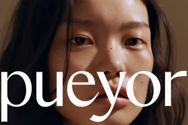 Close-up portrait of a young east asian woman with freckles and dark hair, overlaid with large white typography reading 'pueyor'.