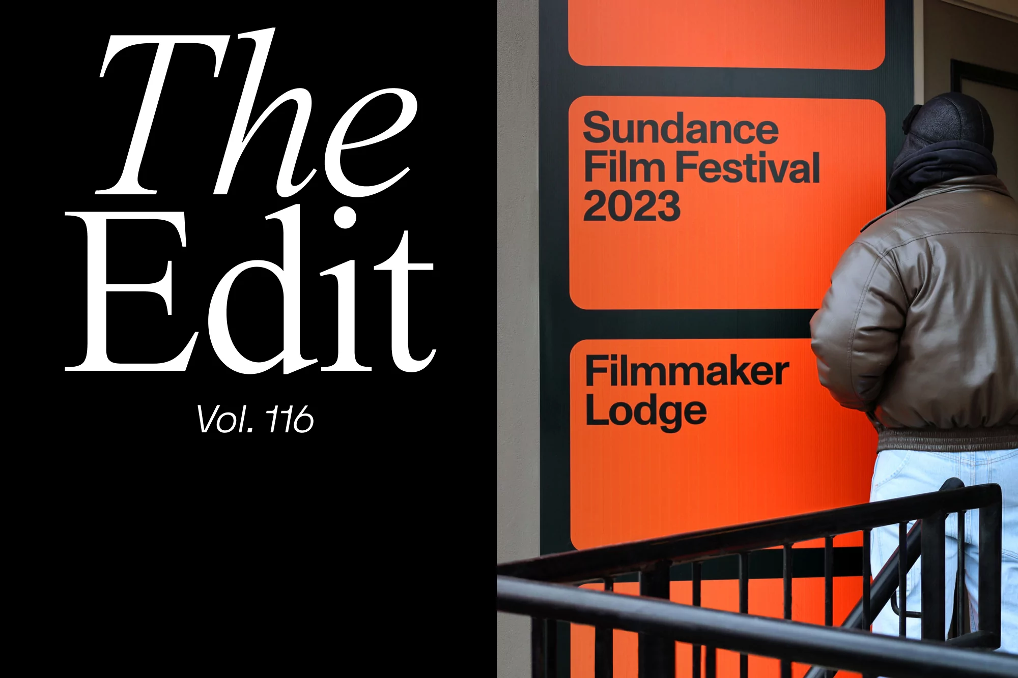 A man in a leather jacket stands next to a Sundance Film Festival 2023 sign and a black wall with “The Edit Vol. 116” in white type.