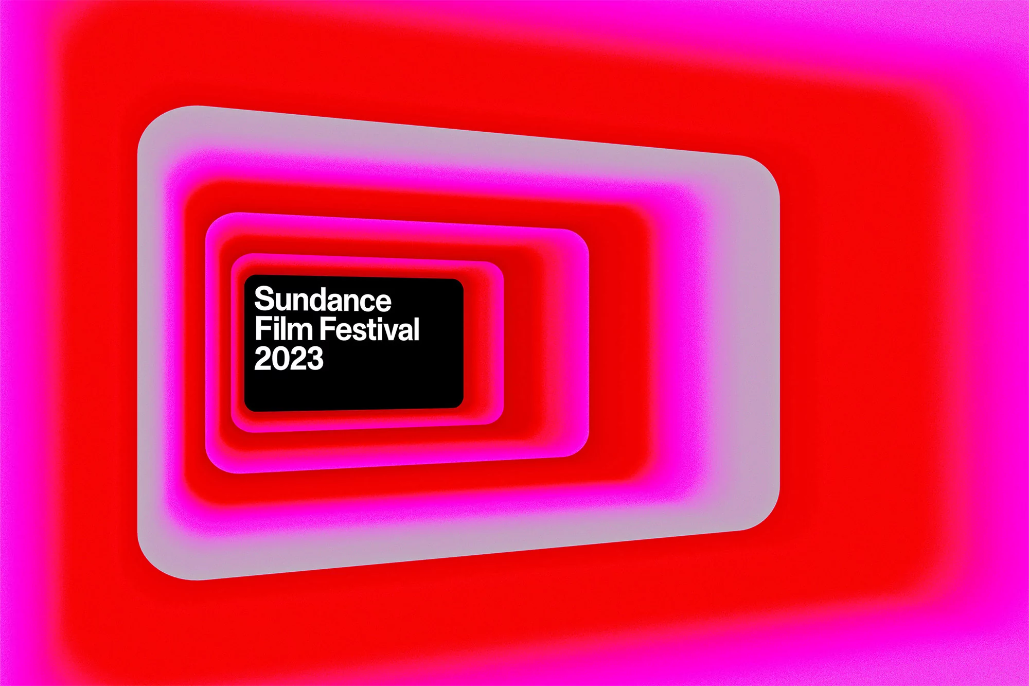 Sundance Film Festival 2023 graphic design. Neon pink and red gradient tunnel effect with text on a black background.