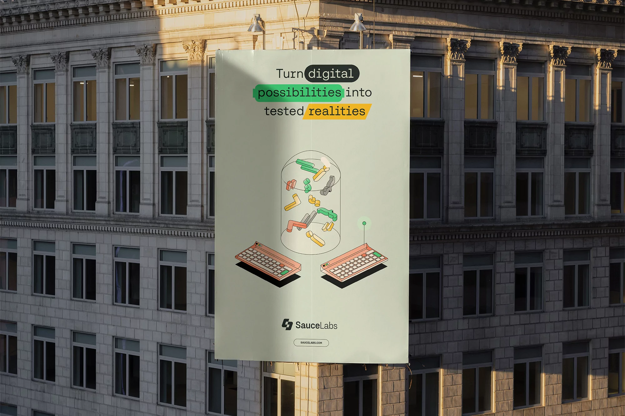 Building banner ad for Sauce Labs featuring keyboard illustrations and the slogan, 'Turn digital possibilities into tested realities.'