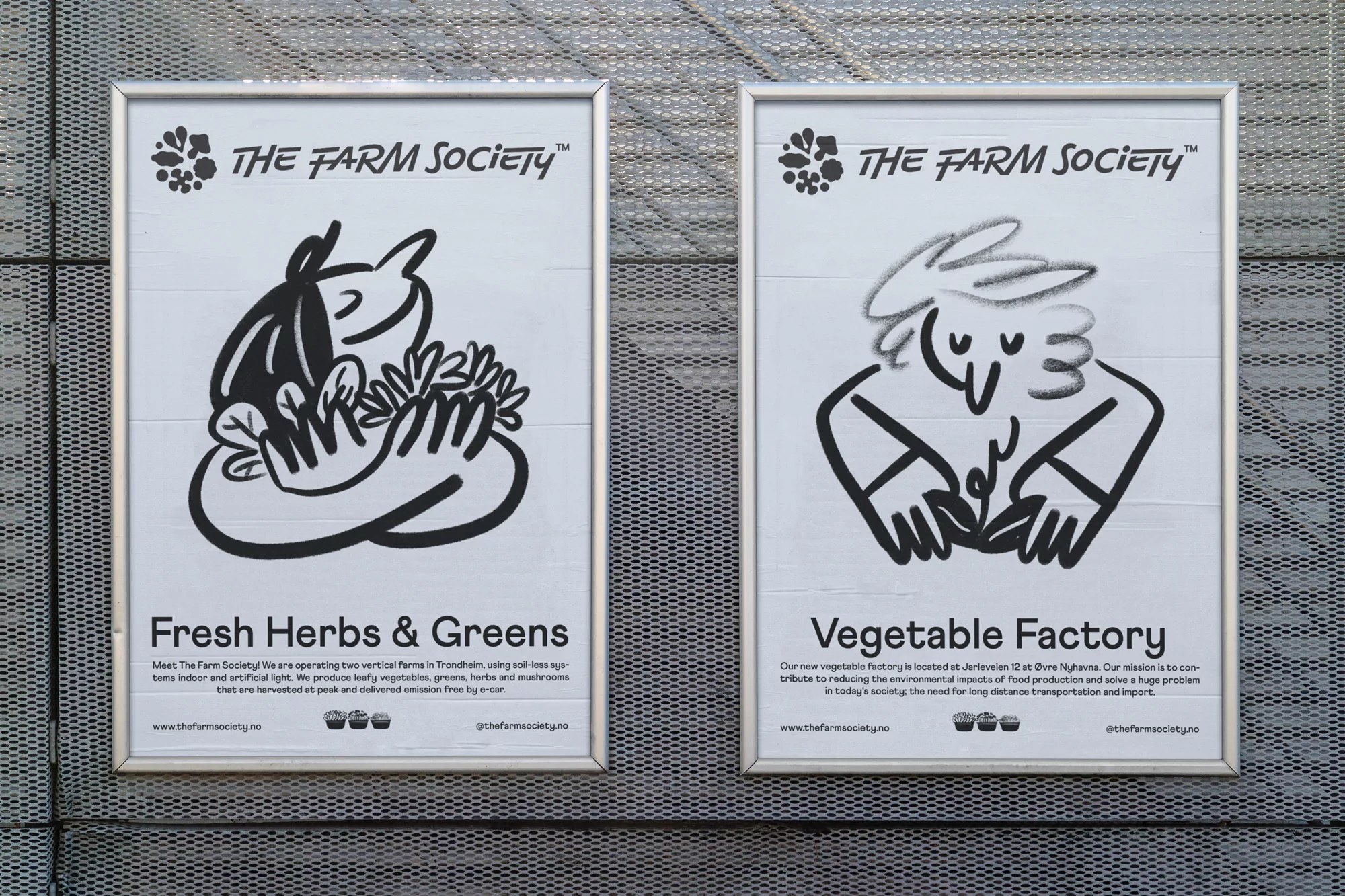 Framed posters display line art of a cartoon figure holding leafy greens and another holding a sapling on a metal wall outdoors.