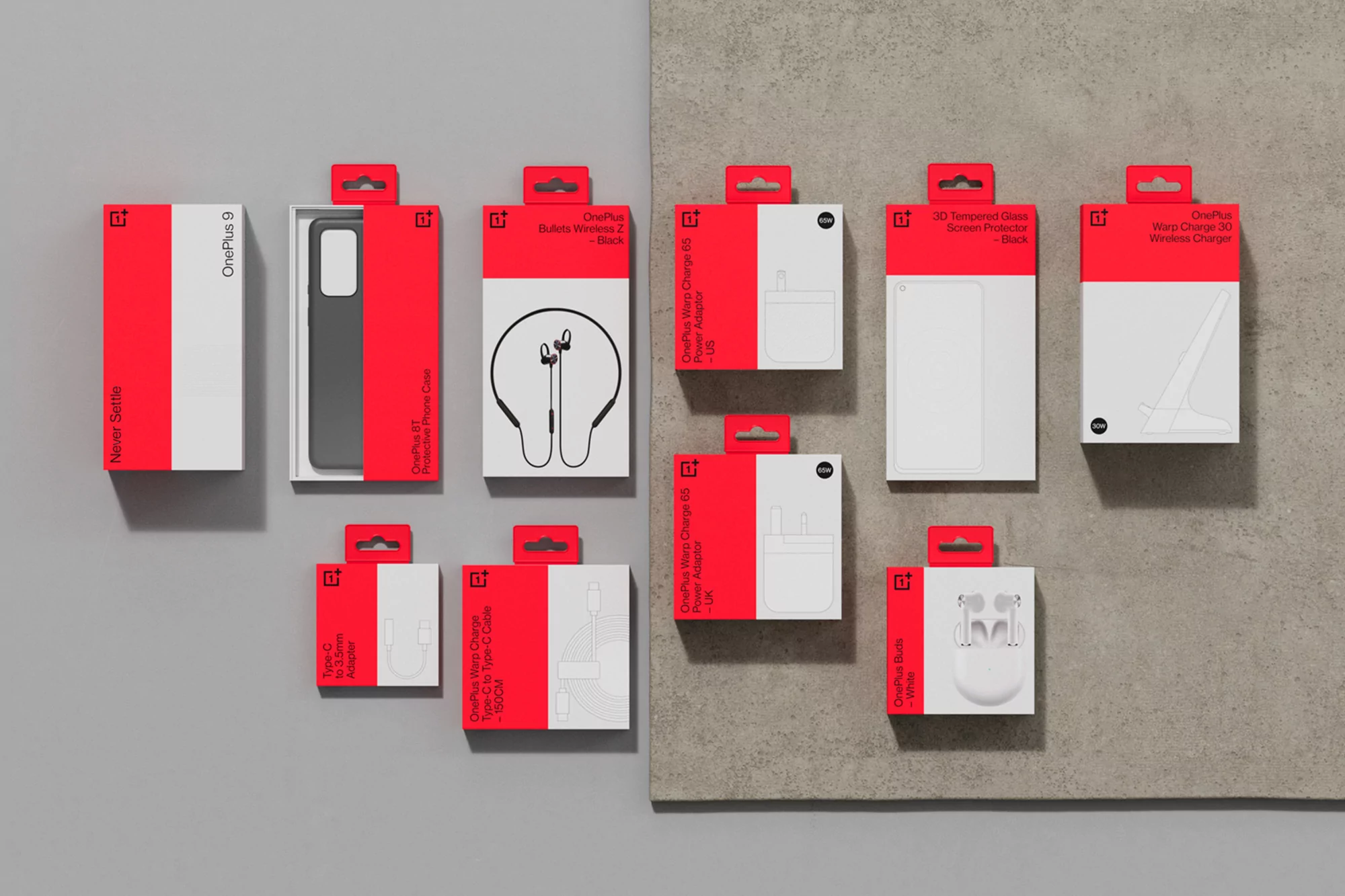 OnePlus mobile phone accessories, including phone case, earbuds, chargers, and screen protector, arranged in original packaging against grey background.