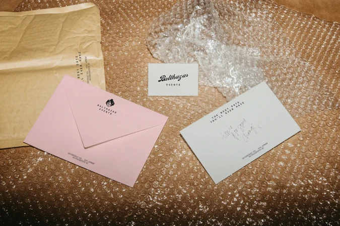 Image of event stationary featuring a pink envelope, a business card, and a white greeting card on tan bubble wrap.