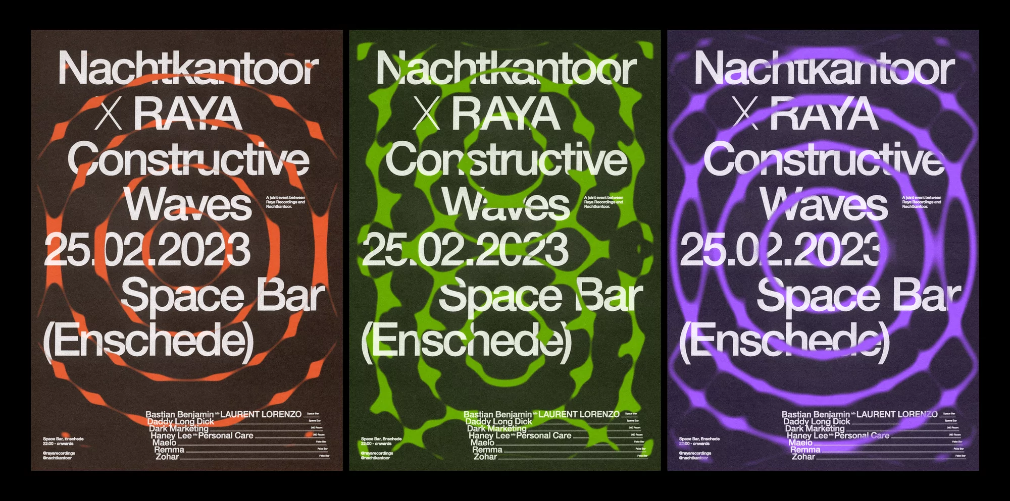 Three promotional posters for Nachtkantoor X RAYA Constructive Waves event, featuring graphic concentric wave patterns and event details.