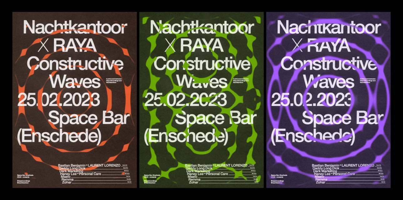 Three promotional posters for Nachtkantoor X RAYA Constructive Waves event, featuring graphic concentric wave patterns and event details.