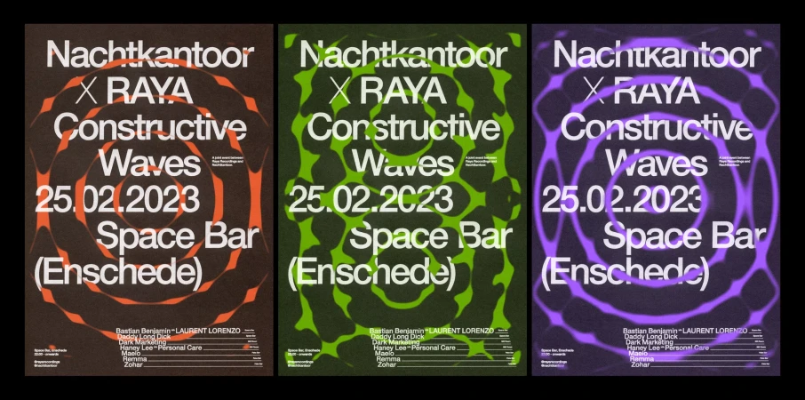 Three vertical event posters featuring bold typography and concentric wave patterns in brown, green, and purple colourways.
