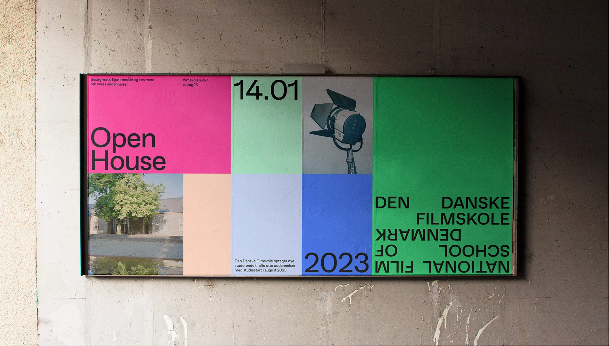 Poster featuring the 'Open House' date and film school information in a colorful, block-style design, affixed to a textured wall.