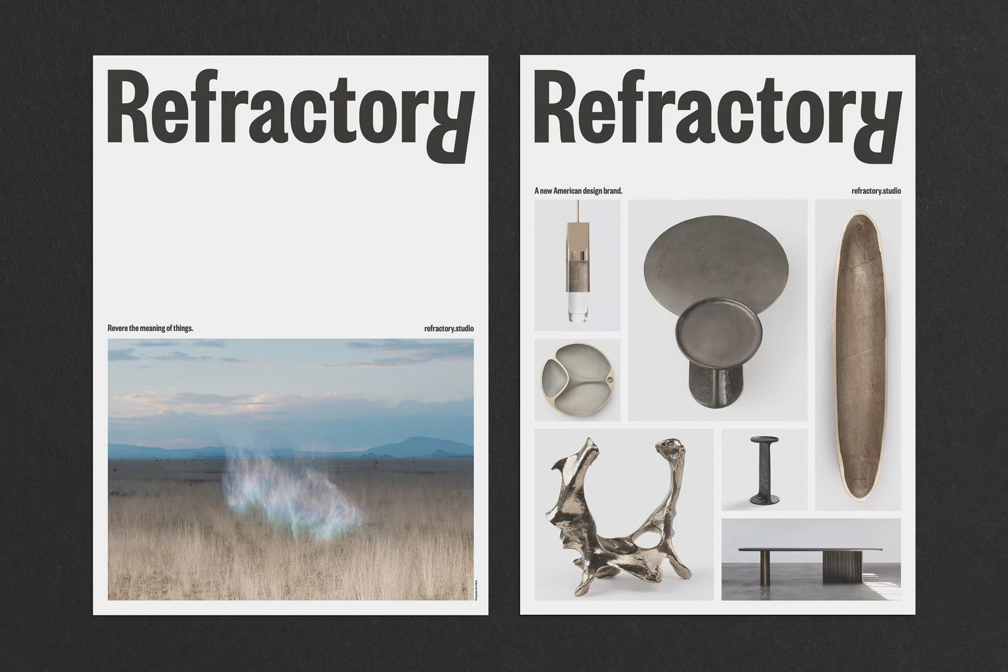 Two magazine covers for Refractory, an American design brand. One cover shows a landscape image, the other shows product design objects.