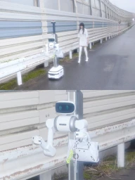 Model in white dress and white boots walking alongside an autonomous white robot on an asphalt road next to a highway guardrail.