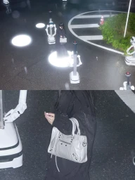 Split view of a person in black holding a light grey handbag outdoors on a wet asphalt surface surrounded by automated delivery robots.