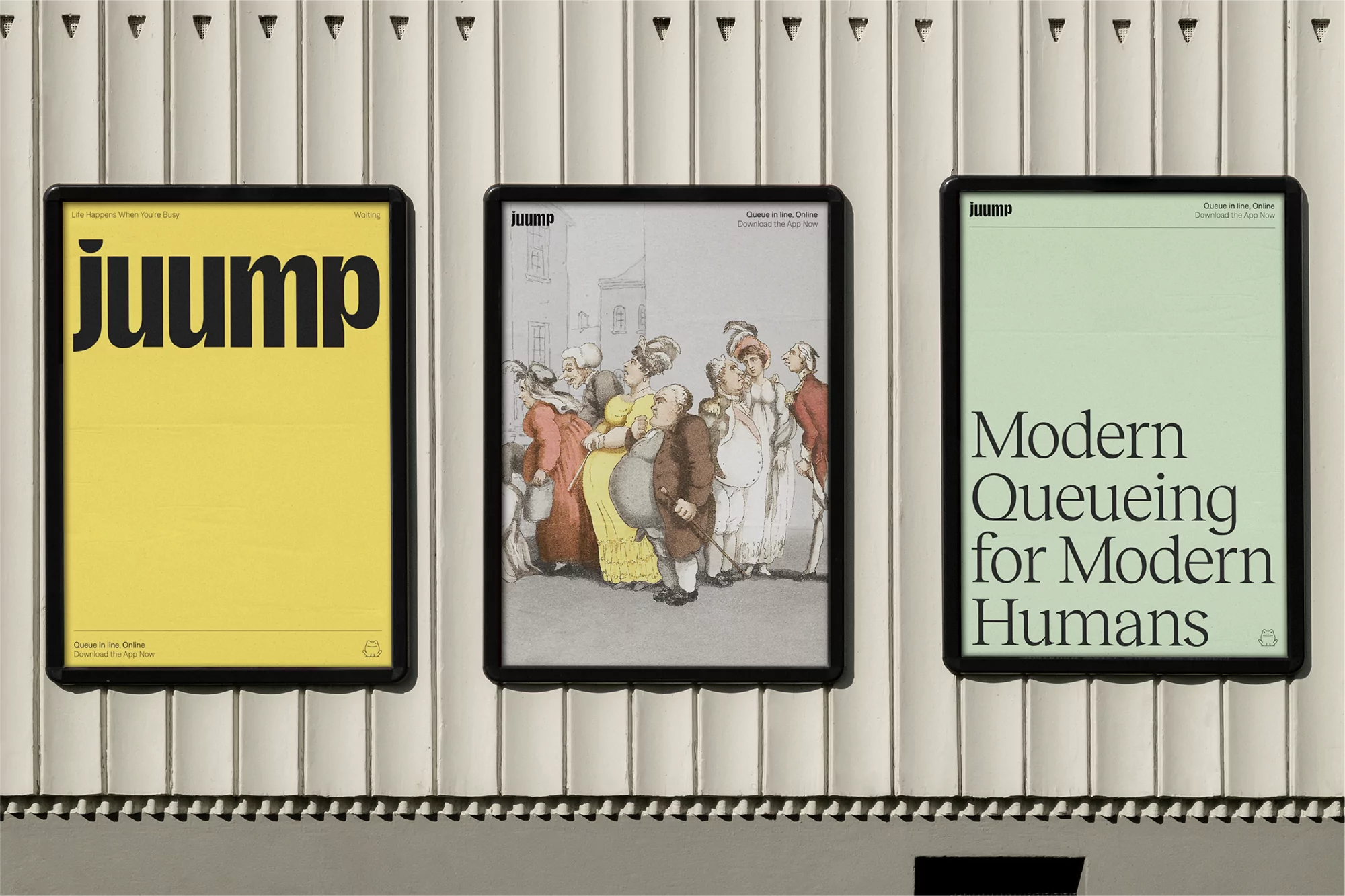 Three framed Juump advertisements on a textured wall: one with a yellow background, one with a vintage illustration, and one with green text.