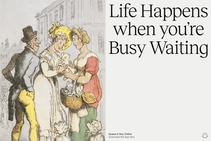 Artwork of three figures and teddy bears standing on a street outside a building, accompanied by marketing text.