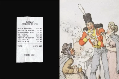 A split composition featuring a printed receipt on a black background next to a historical satirical illustration of people drinking.