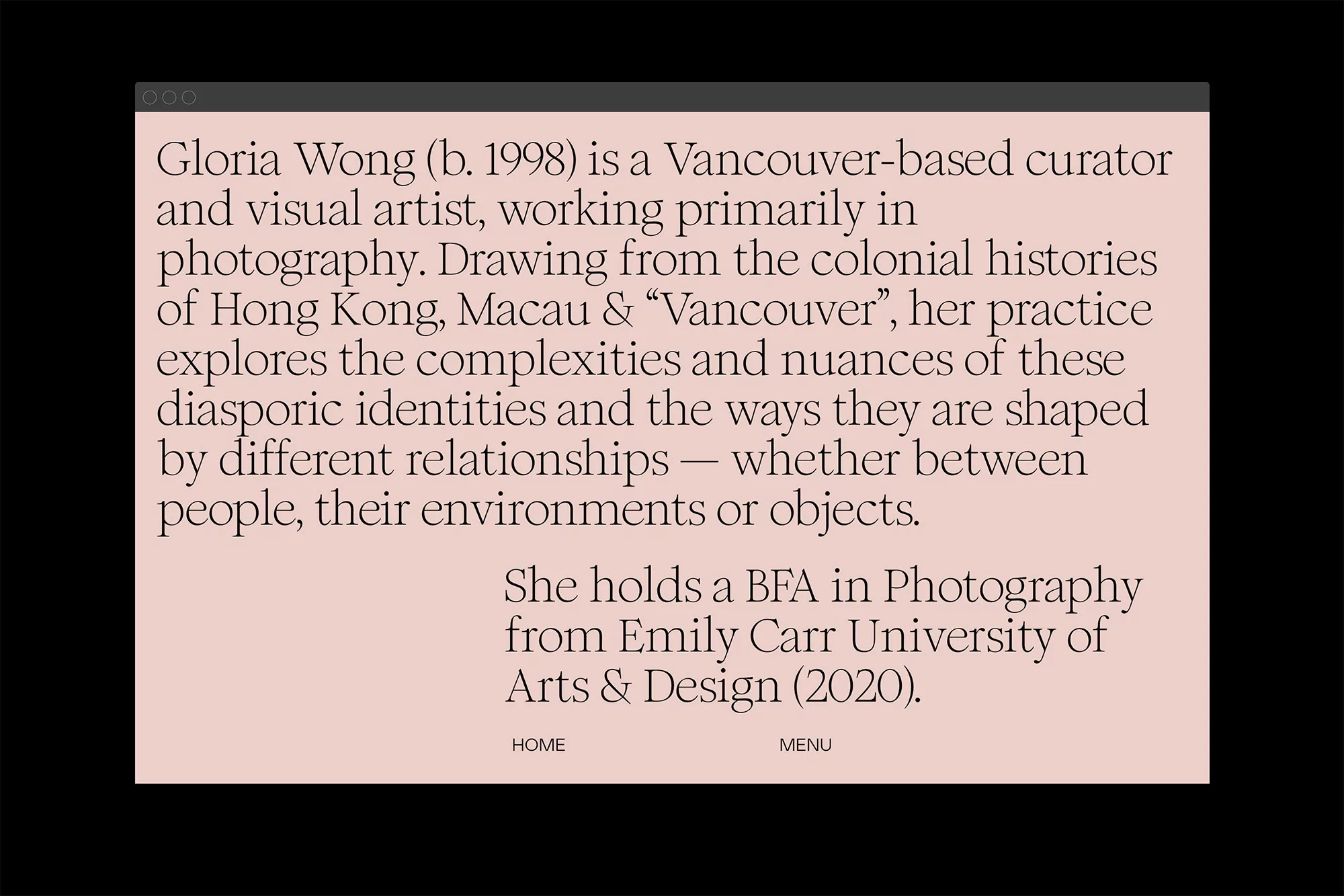 Website design featuring text about Gloria Wong, a Vancouver-based curator and visual artist working in photography. Clean layout.