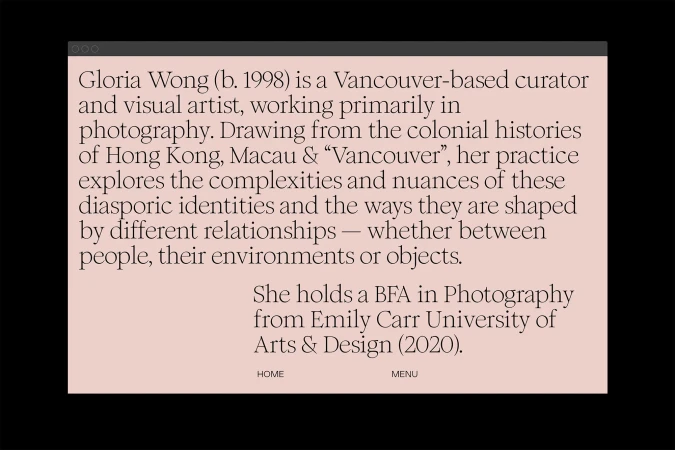 Website design featuring text about Gloria Wong, a Vancouver-based curator and visual artist working in photography. Clean layout.
