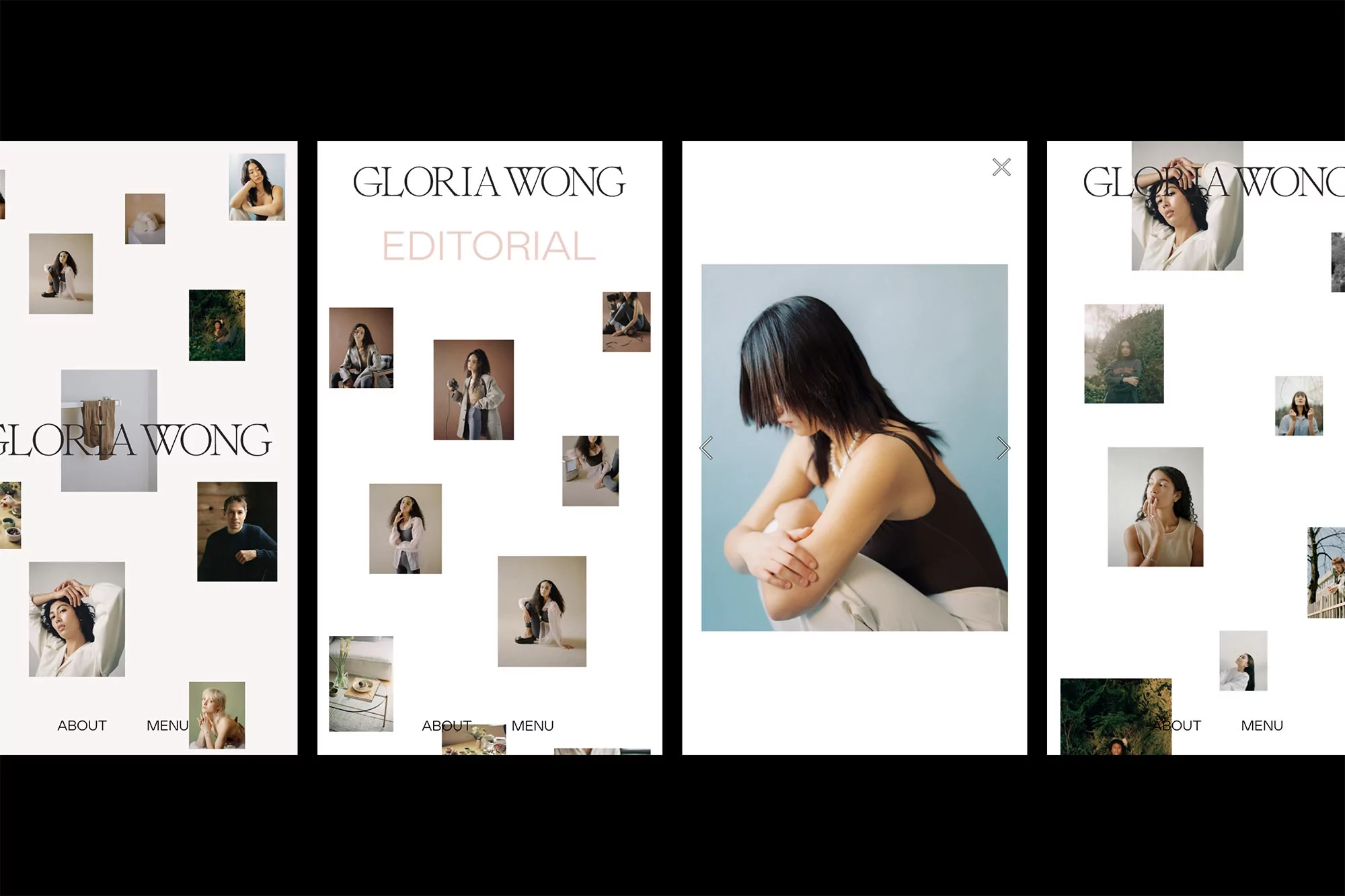 Website layout showcasing a collection of fashion editorial photography featuring a woman in minimalist style against neutral backgrounds.