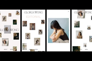 Four mobile screen mockups showing brand identity and portfolio layout for Gloria Wong featuring editorial photography