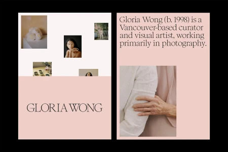 Graphic design brand identity layout featuring typography and photography by Gloria Wong.