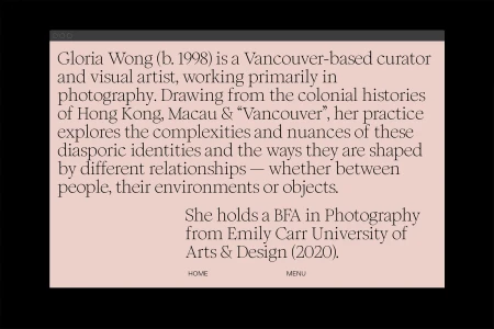 Web interface design for Gloria Wong featuring serif typography on a pale pink background