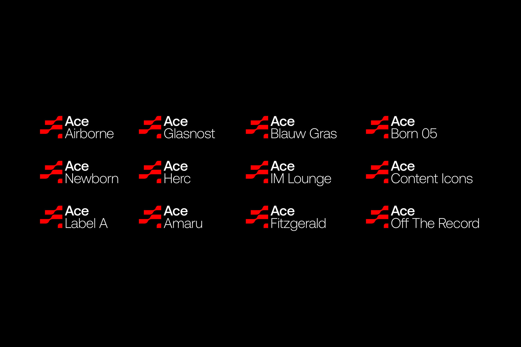 Collection of Ace logos in white and red, displayed on a black background. Logos showcase variations in text and abstract design.
