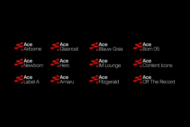 Ace brand identity grid showing red geometric logos with white typography for various agency sub-brands on black background
