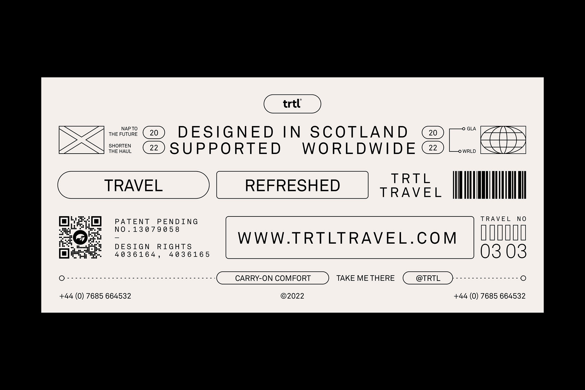 Promotional graphic featuring TRTL travel brand elements, including logo, slogan, website address, and travel-related imagery on a light background.