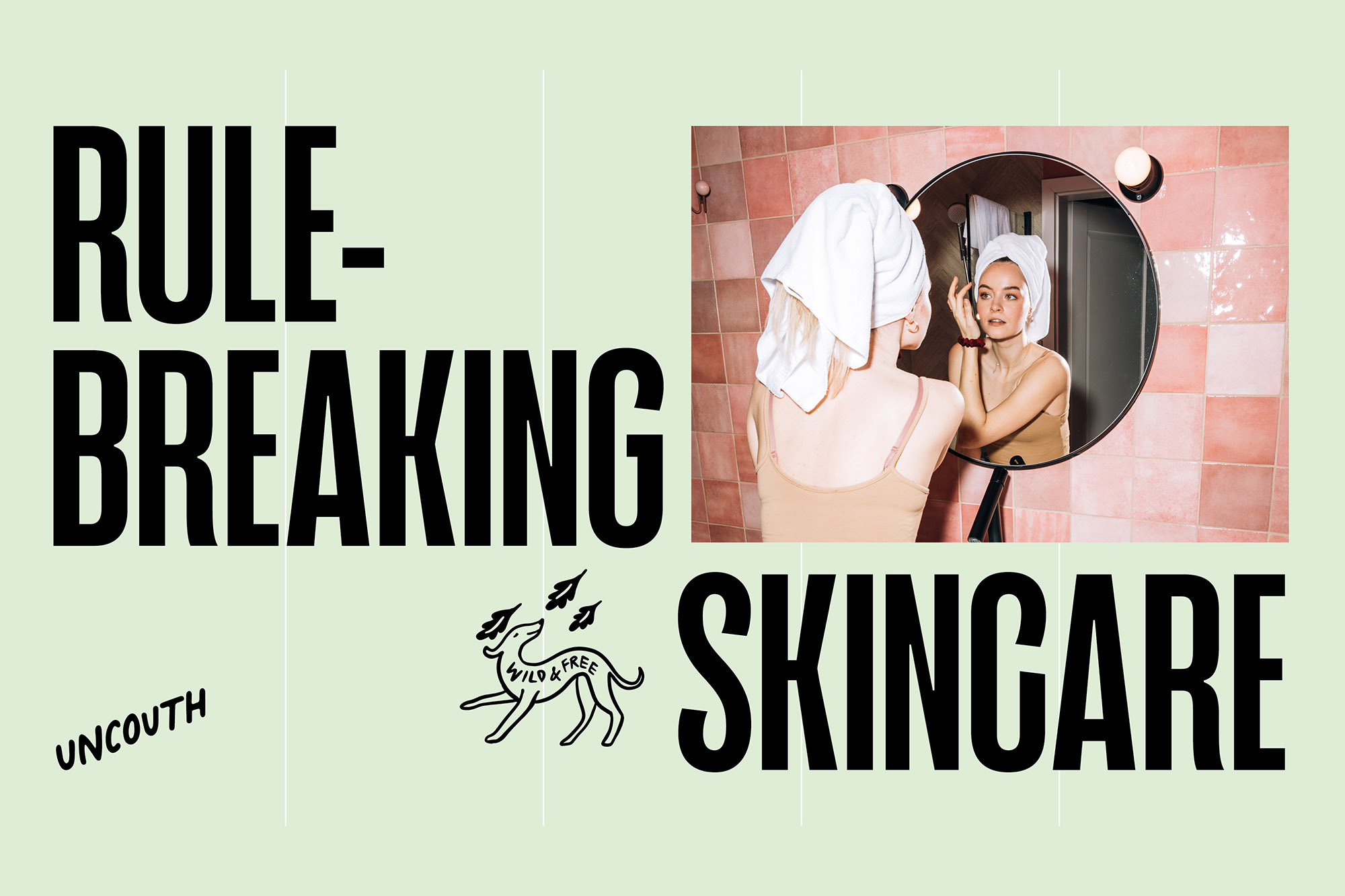A woman with a towel on her head is reflected in a round bathroom mirror in front of a tile wall, along with cosmetic advertisement text.