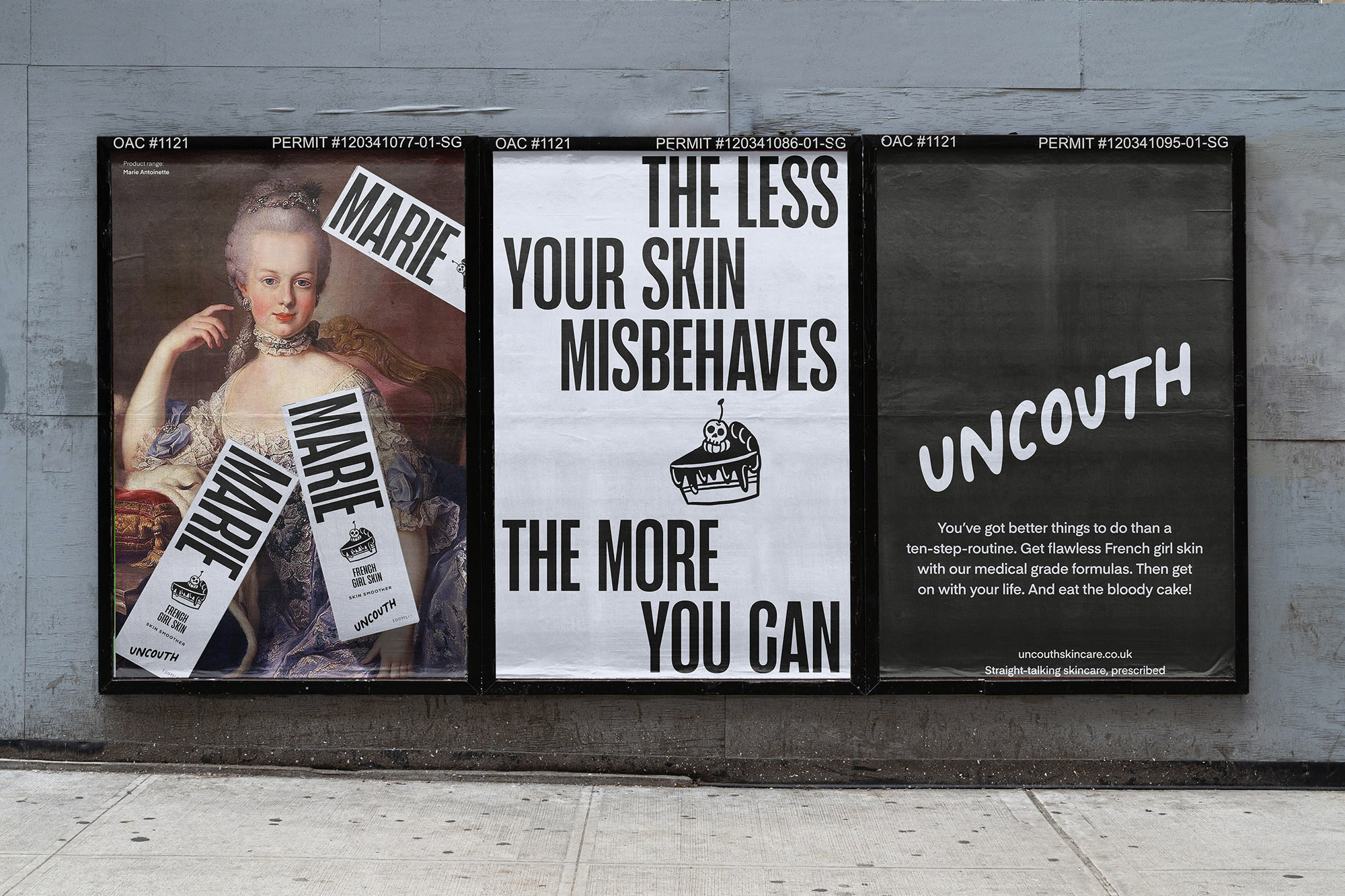 Three posters on a textured wall advertise Uncouth skincare with text, a Marie Antoinette portrait, and a cake illustration.