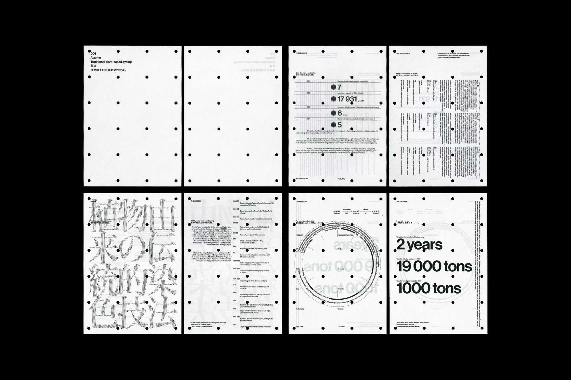 Flyer design featuring typography, data visualization, and graphic elements on white paper with black dots, arranged in a grid layout.
