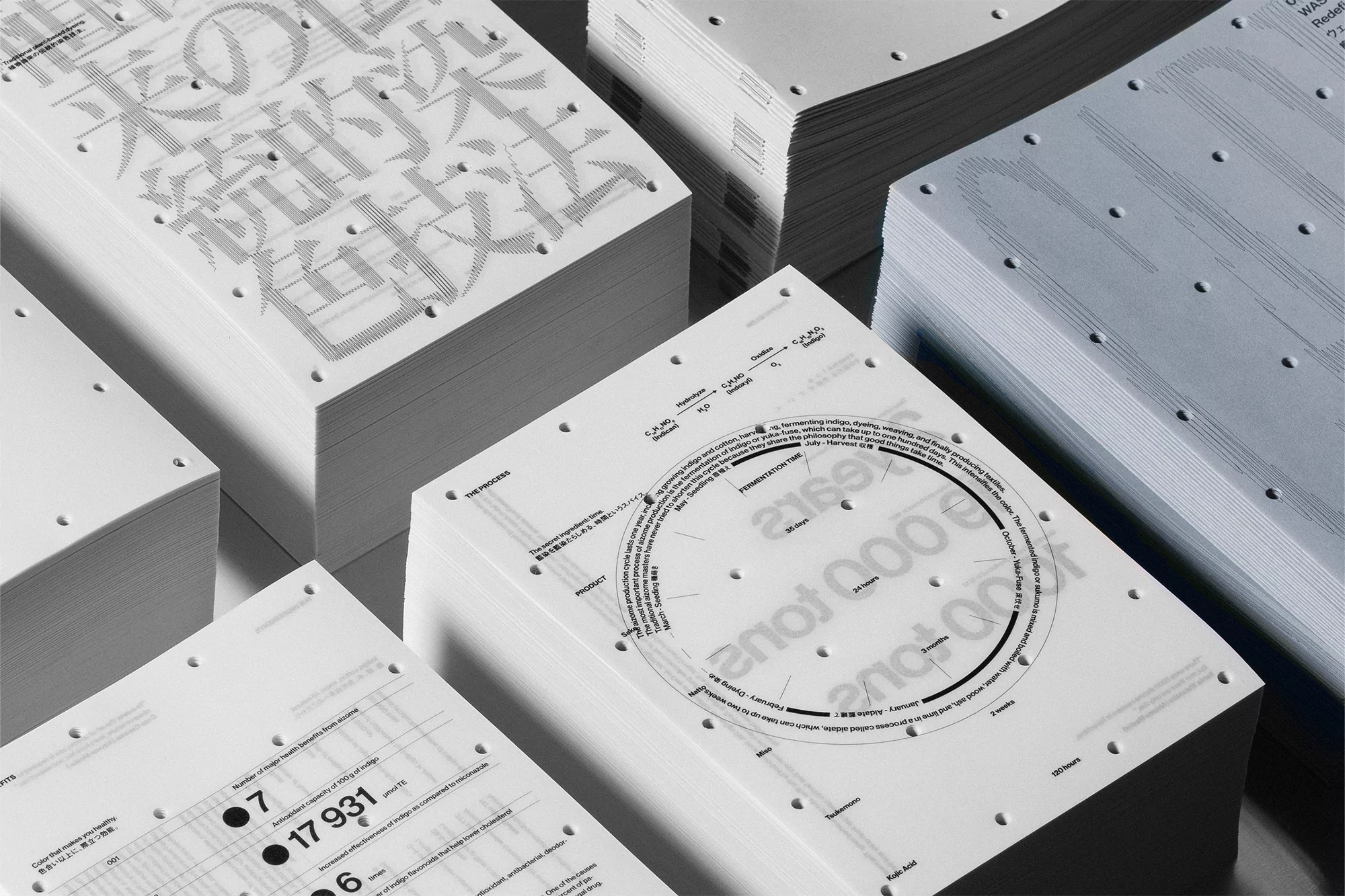 Stacks of white paper printed with black graphics, charts, and text, arranged in a visually interesting studio shot for graphic design.