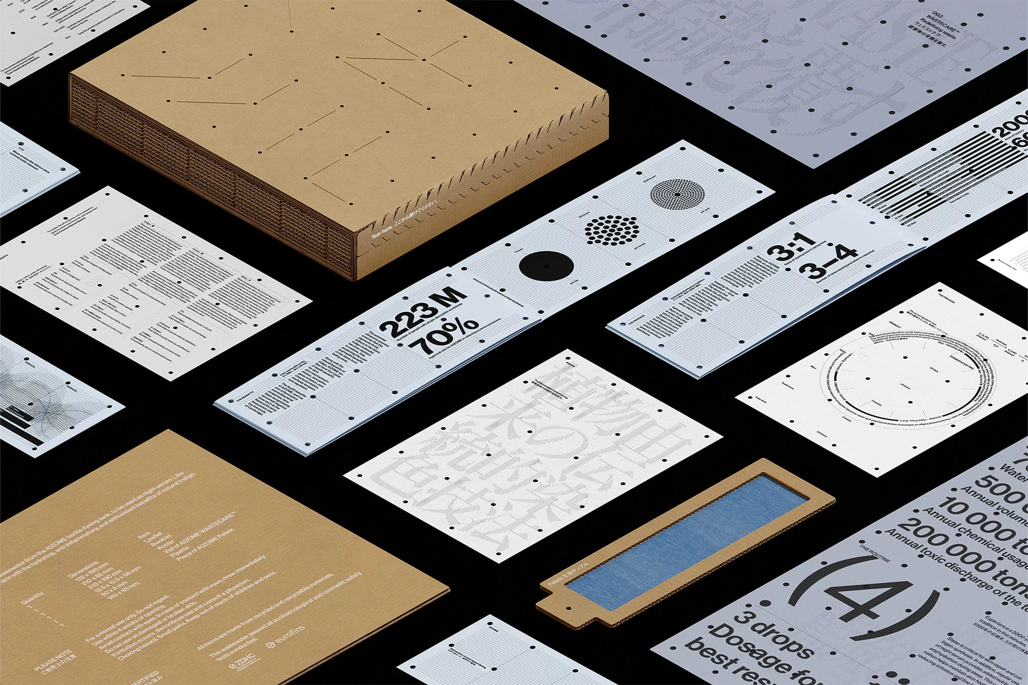 Graphic design featuring informational layouts on paper with charts, numbers, and diagrams in a high-angle shot on a black background.