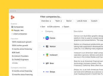 Screenshot of a software interface displaying a company filter and list with search options on a yellow background
