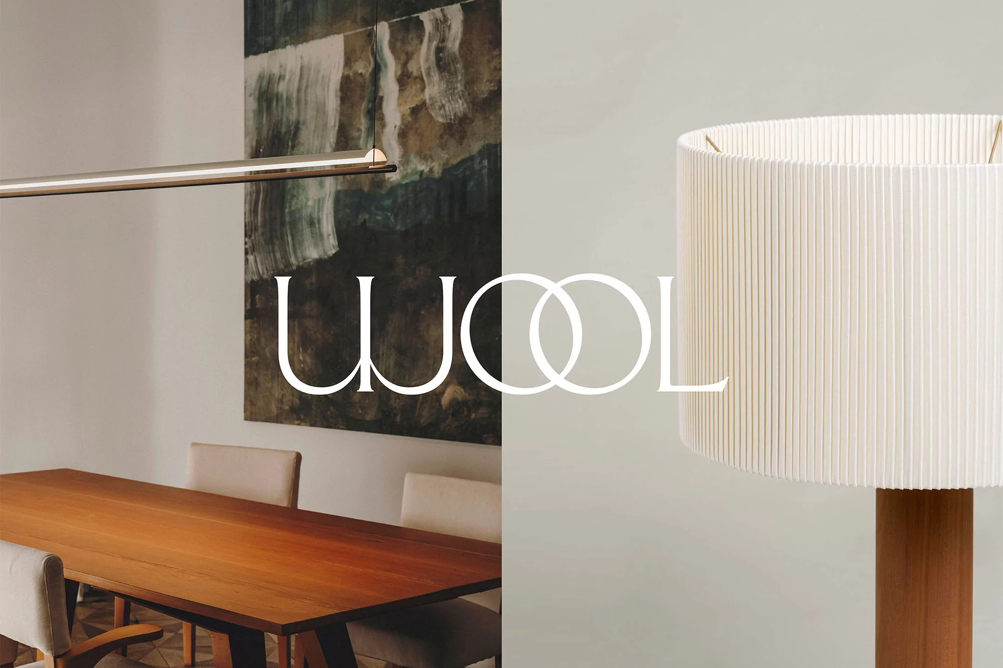 Modern interior shot features a wooden dining table with chairs, a stylish floor lamp, and an abstract painting on the wall.
