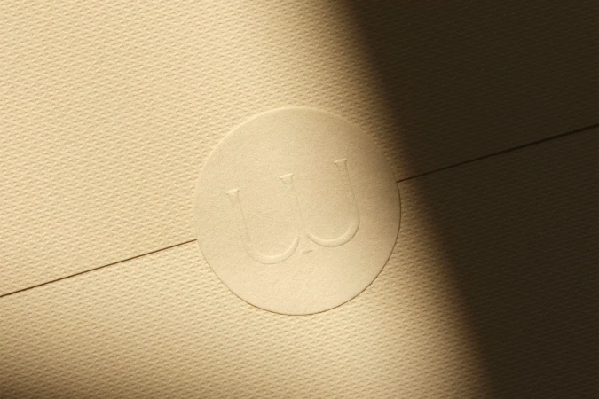 Close-up of a textured, beige envelope with an embossed circular seal, partially lit by natural light creating soft shadows.