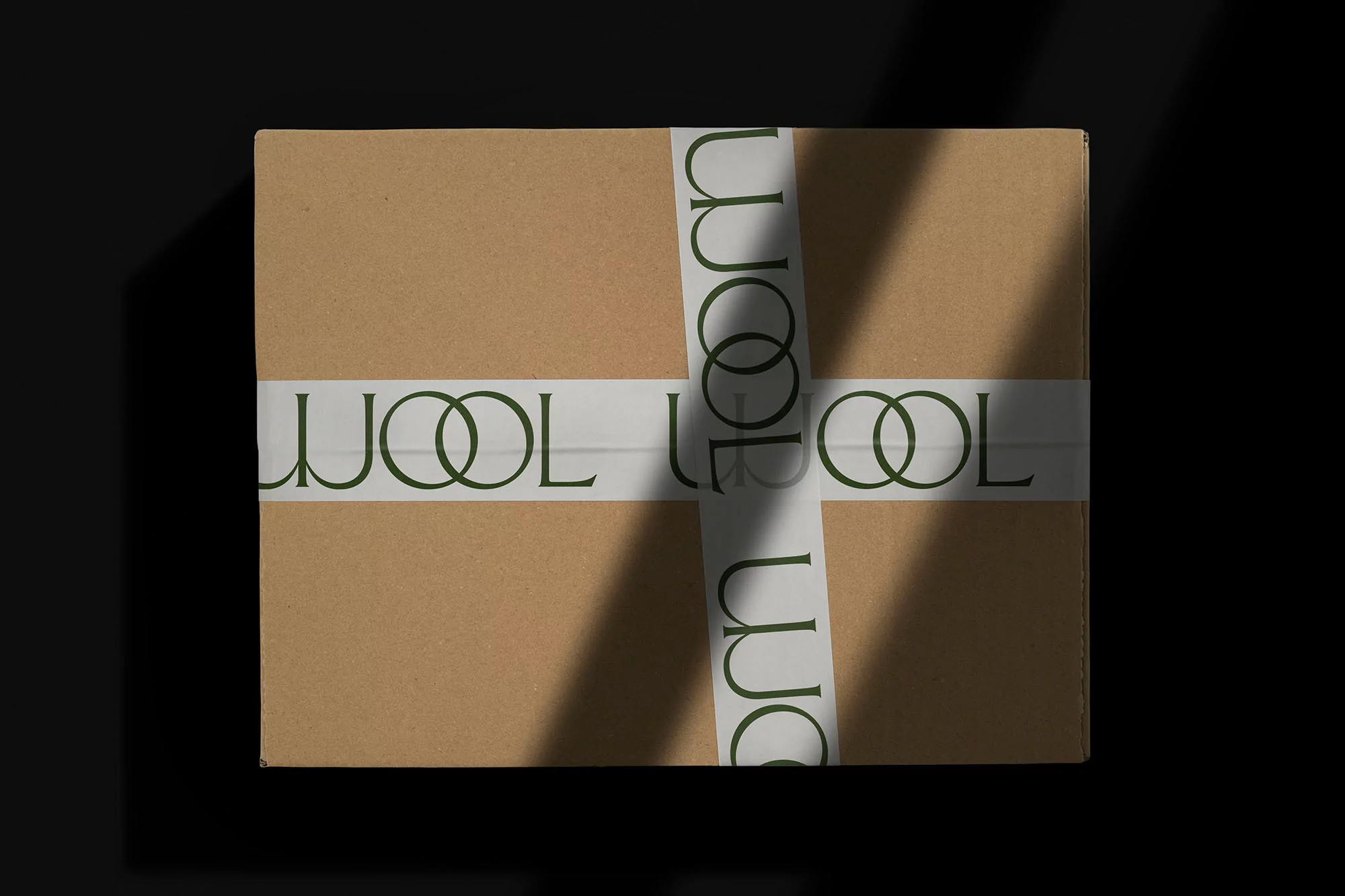 Overhead studio shot of a closed cardboard box with a white band featuring the green WOOL logo on a dark background with shadows.