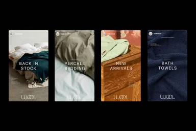 Four vertical brand identity design layouts by Alex Hunting Studio for Wool showcasing bedding, towels, and home textiles.