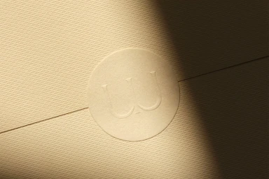 Embossed circular logo on textured cream paper stationery under soft diagonal lighting