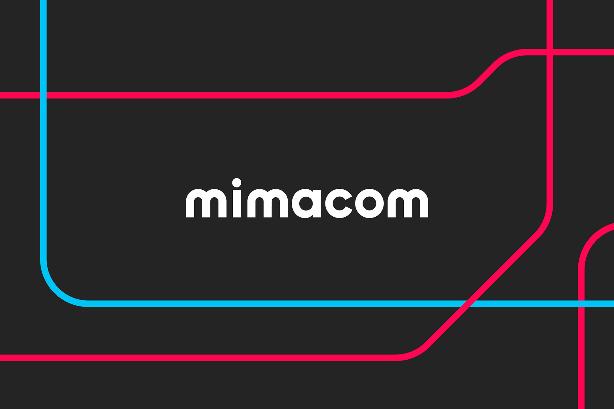Mimacom brand identity graphic design featuring white lowercase logotype on a dark gray background with blue and magenta lines