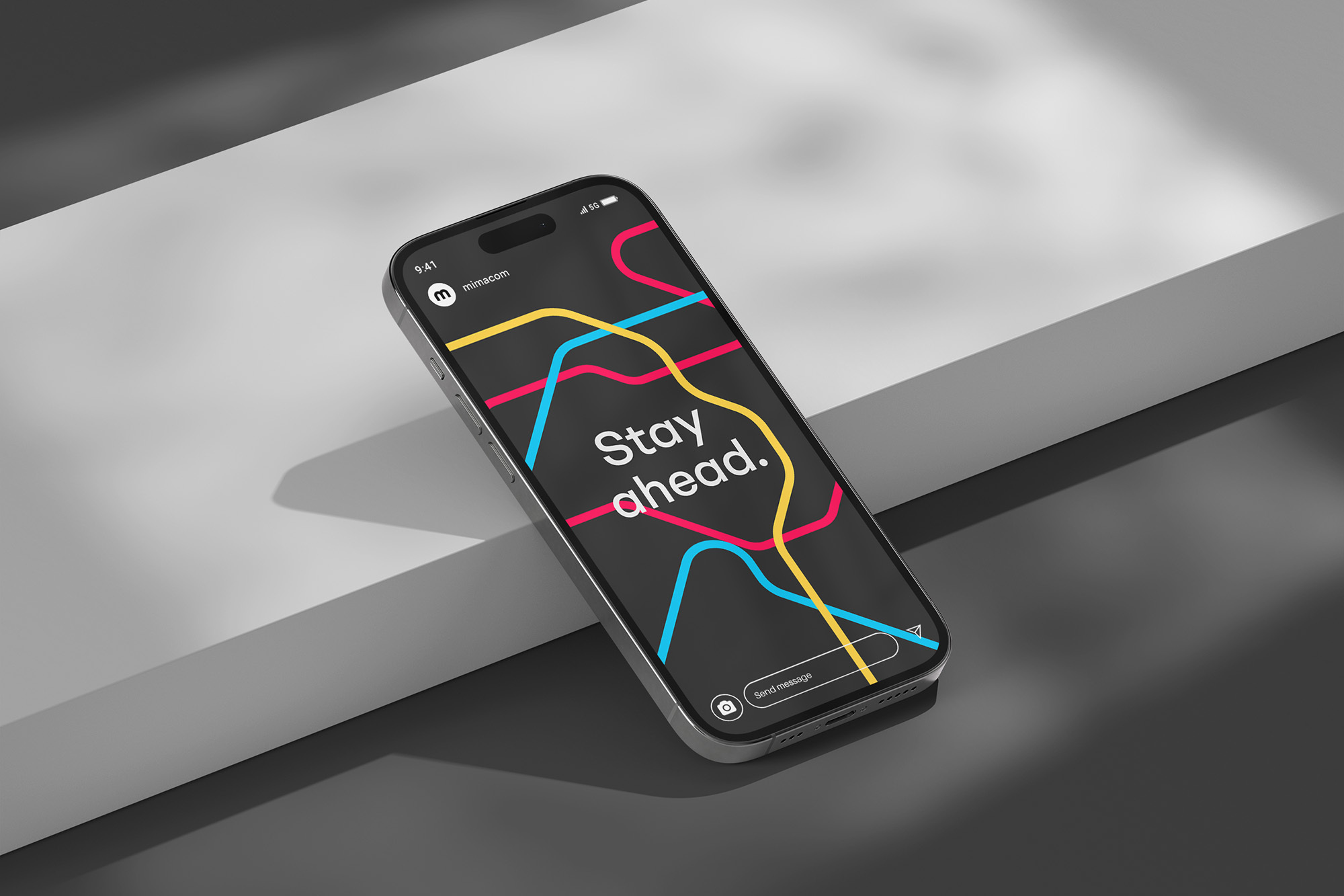 Modern smartphone display featuring a sleek, dark-themed user interface with colorful graphic lines, positioned on a white surface against a gray backdrop.