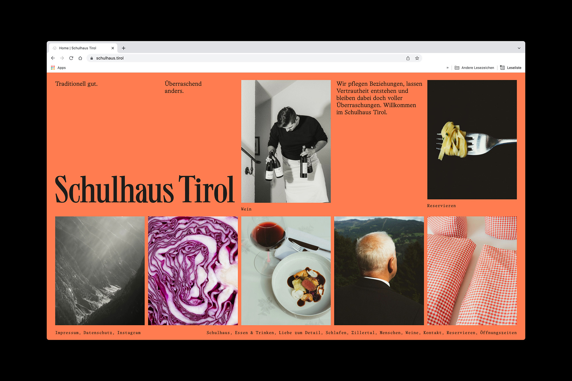 Website layout featuring an image of a chef holding wine bottles, overlaid with text and smaller images of food and landscapes.